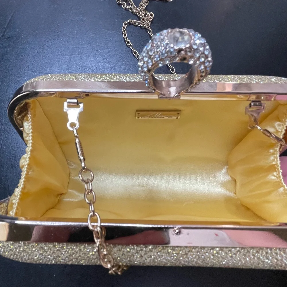 Gold Glitter Rectangle Clutch with Chain Strap